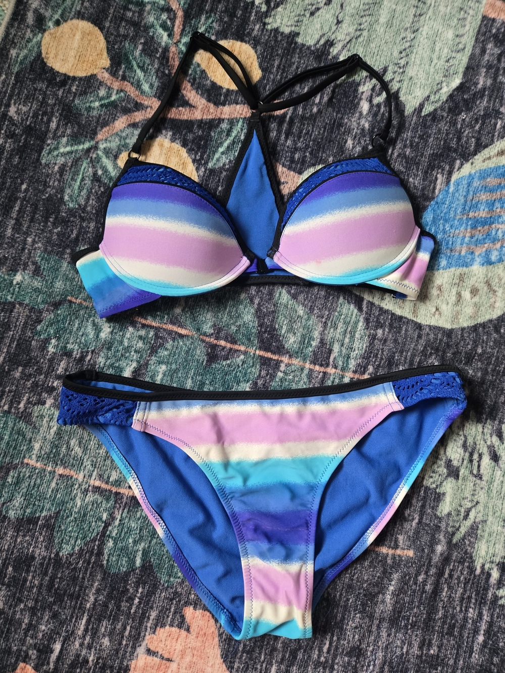 TiniBikini Multicolor Striped Blue Pink Purple Bikini Set Size Small